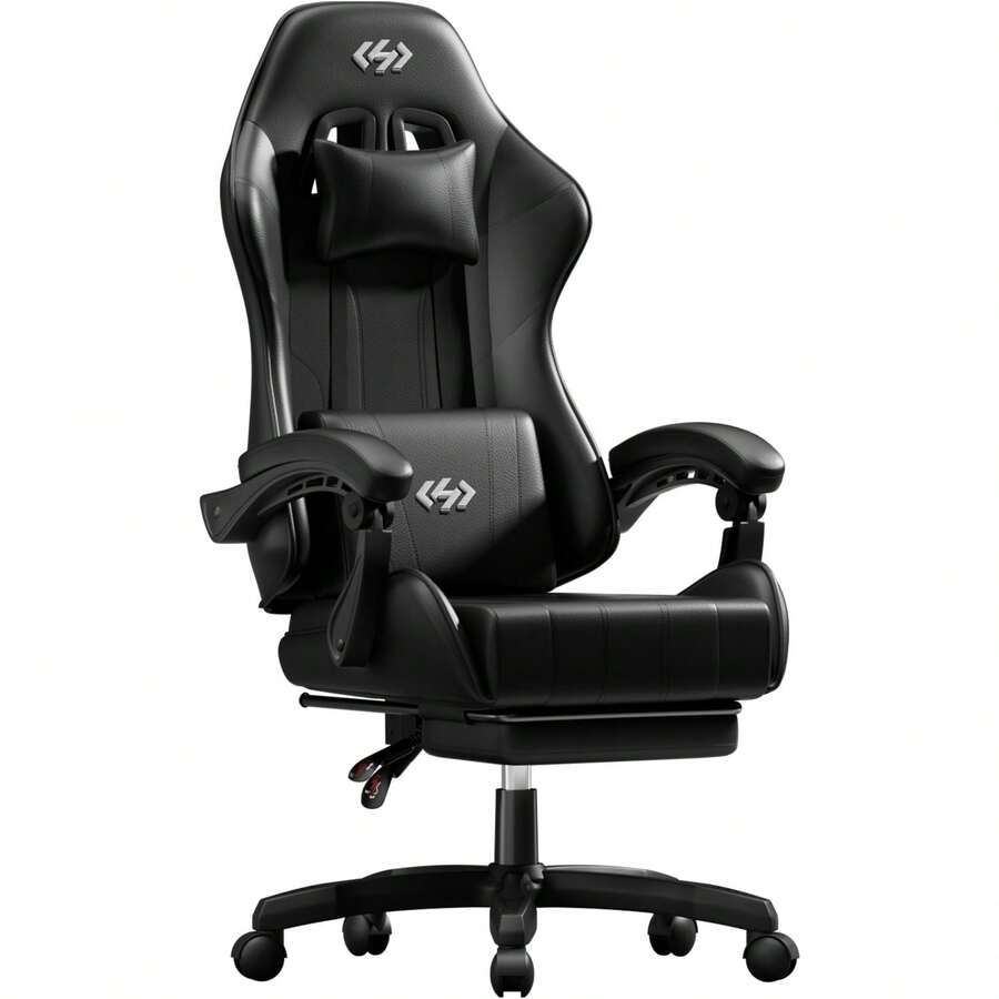Video Gaming & Esports Usd Acc - ゲーミングチェア、人間工学に基づいたコンピューターオフィスチェア、ランバーサポート、フットレスト、ヘッドレスト付き、高さと背もたれの角度調整可能、ビデオゲーマーチェア、PUレザー、360度回転 ° スイベル、大人用、黒