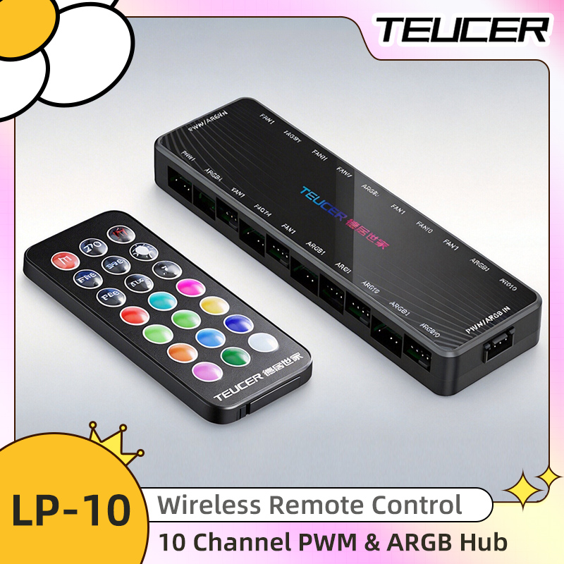 Esports Gaming Splitter - LP-10 ARGB PWMファンハブ（リモコン付き）、10ポート5V 3ピンRGBコントローラー、SATA給電式PCファンスプリッター（ゲーミングPCケース用）