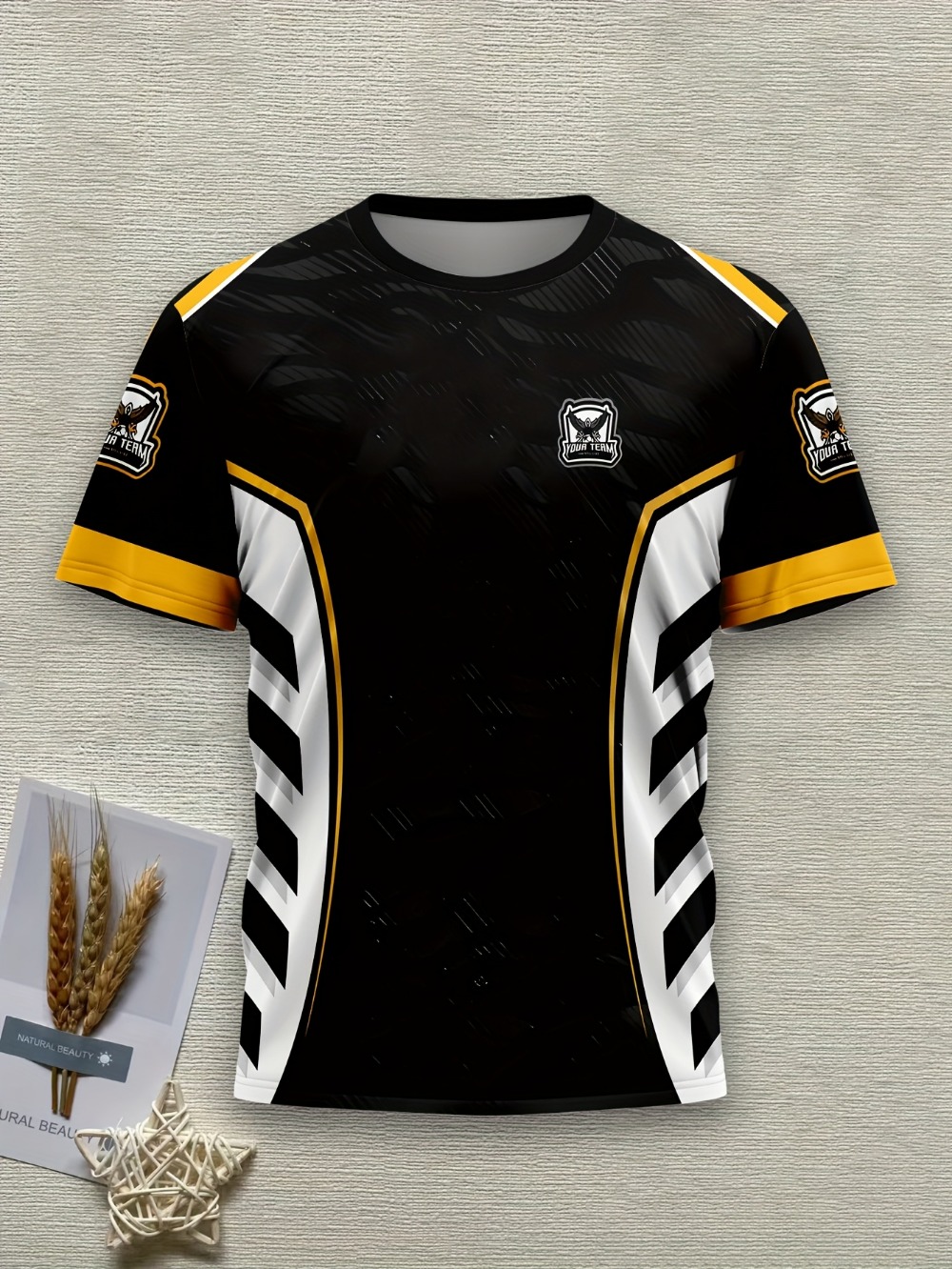 メンズゲーミングeスポーツチームジャージTシャツ、黒・金・白 - Esports Gaming Logo のレビューと価格